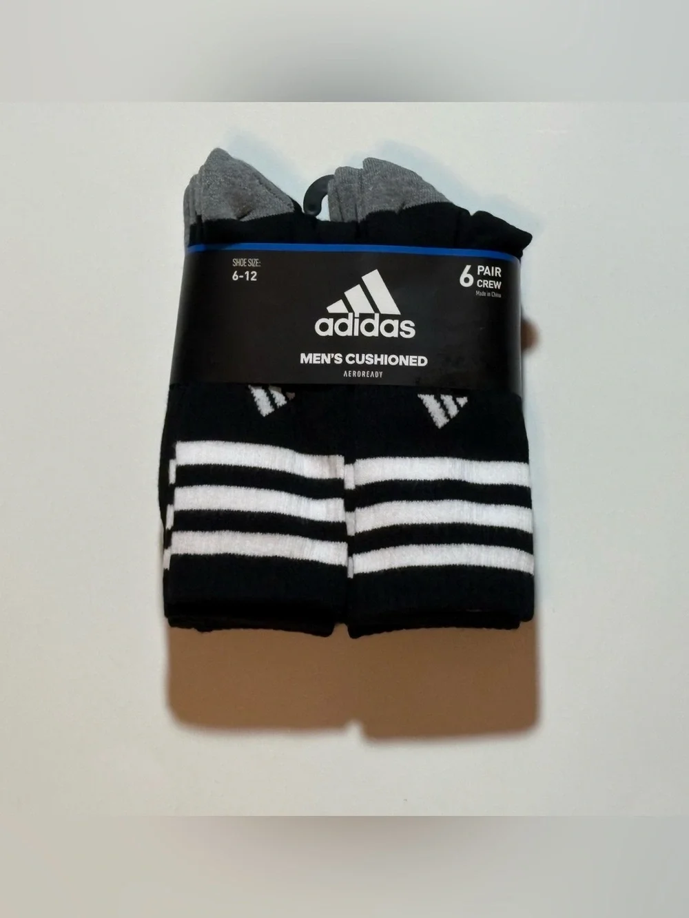 adidas 3 stripes Black & White Men's Cushioned Crew Athletic Socks - 6 Pair